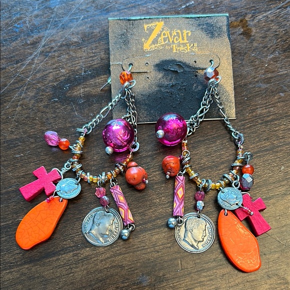 Zevar by Treska Jewelry - Pink and Orange Dangle Earrings by Zevar by Tresca